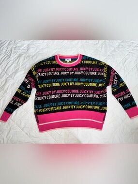 Juicy Couture Black Sweater with Pink, Yellow & Blue Logo Stripes